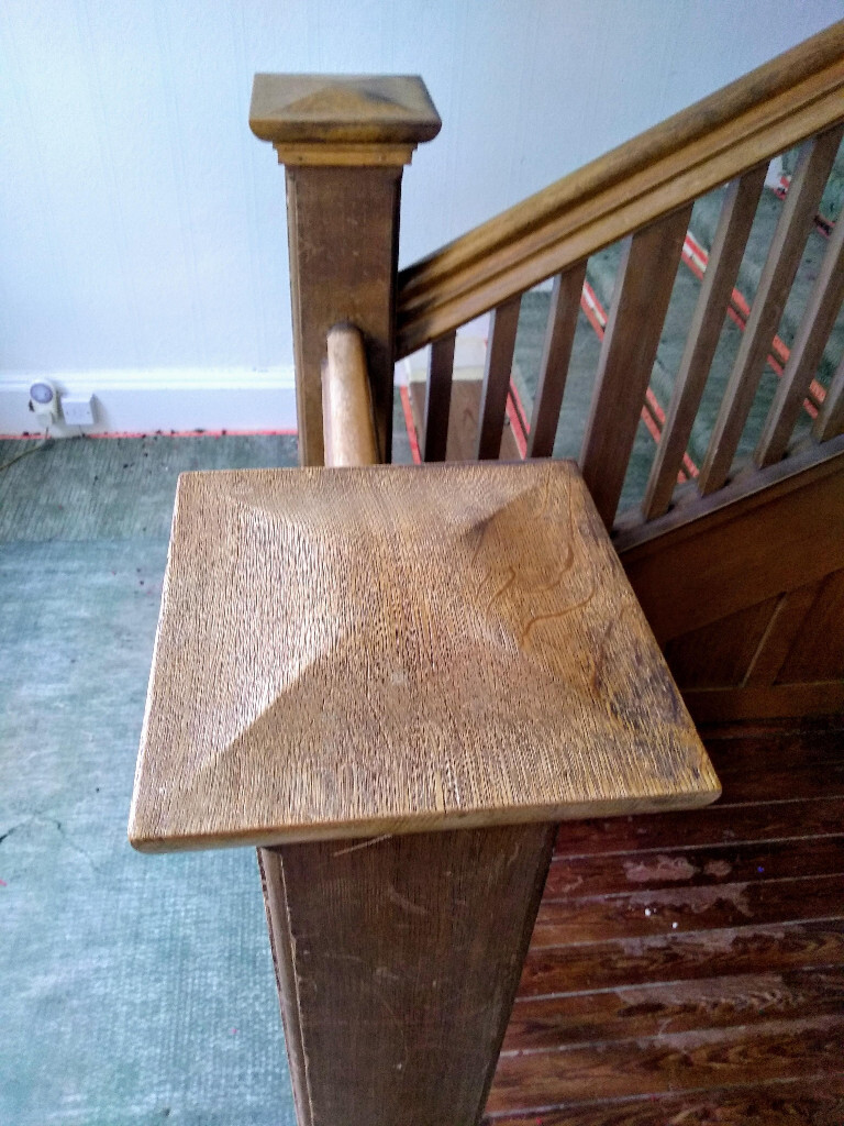 Vintage oak stair handrail or banister rail and square stair post or