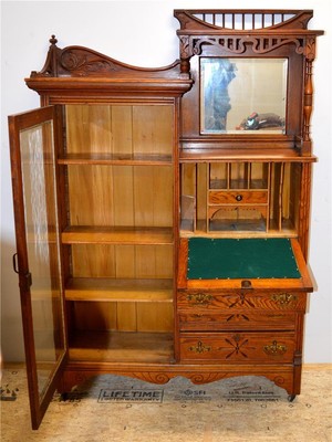 18220 Oak Carved Lion Face Side by Side Secretary Desk