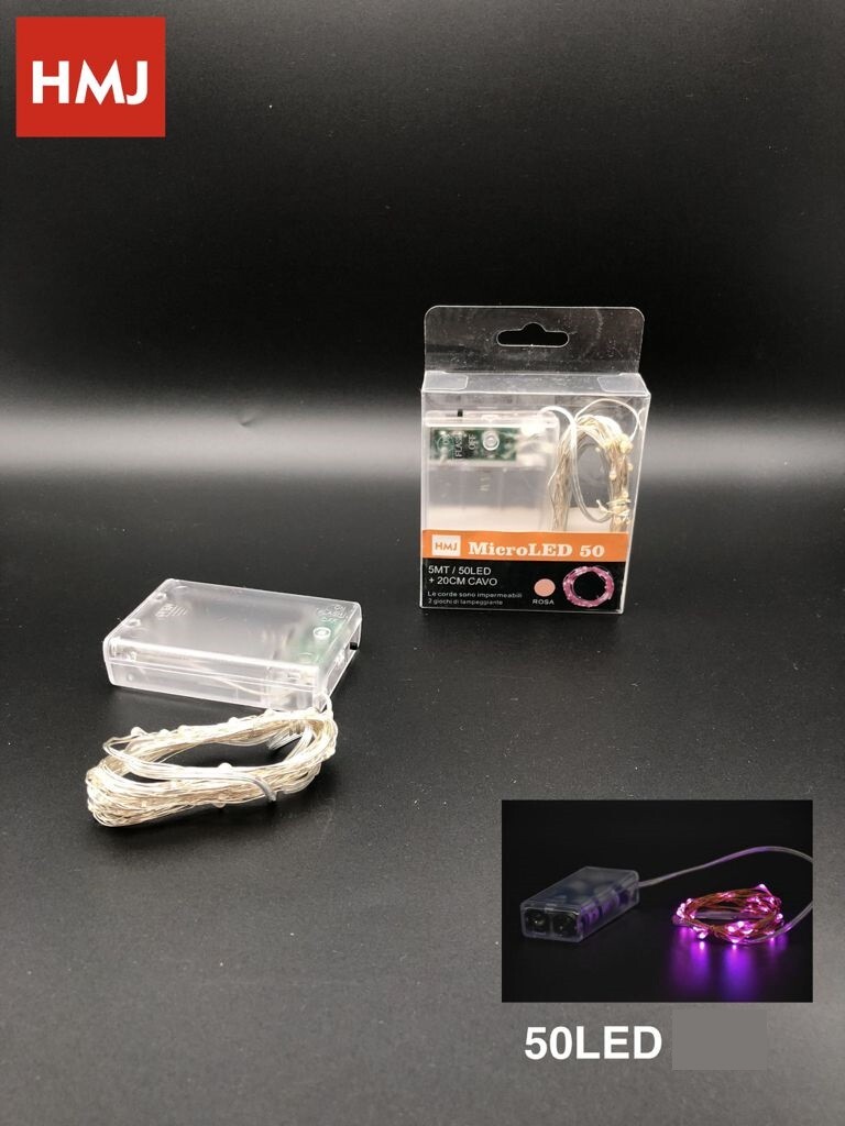 Serie Luci Natale a batteria 50 Micro LED Luce Rosa Filo Trasparente hmj