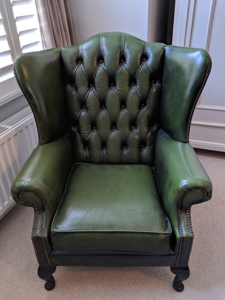 Green Leather Chesterfield chair - Wing Back Armchair | in Lewisham