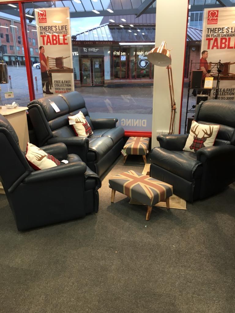 BHF Sherborne Leather Effect Suite with recliner armchair blue in