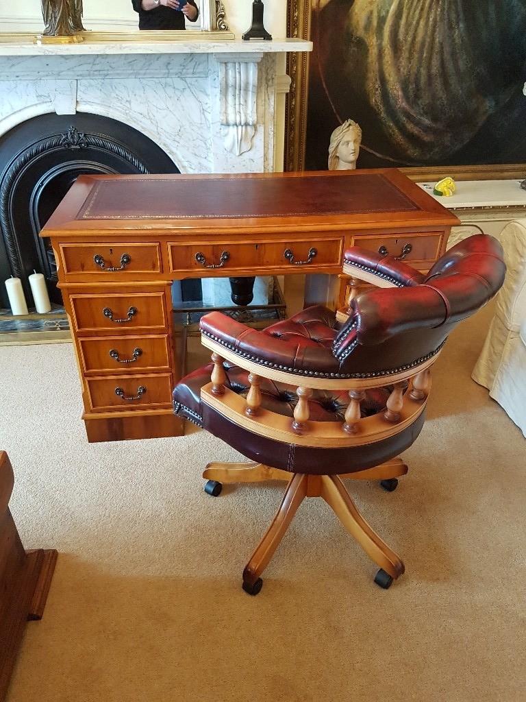 Stunning yew captains desk with oxblood leather inlay and oxblood