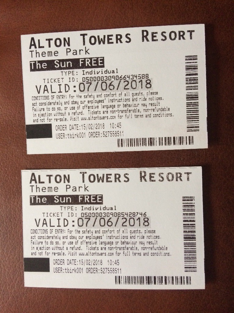 2 x Alton towers tickets for Thursday 7th June 2018 in Widnes