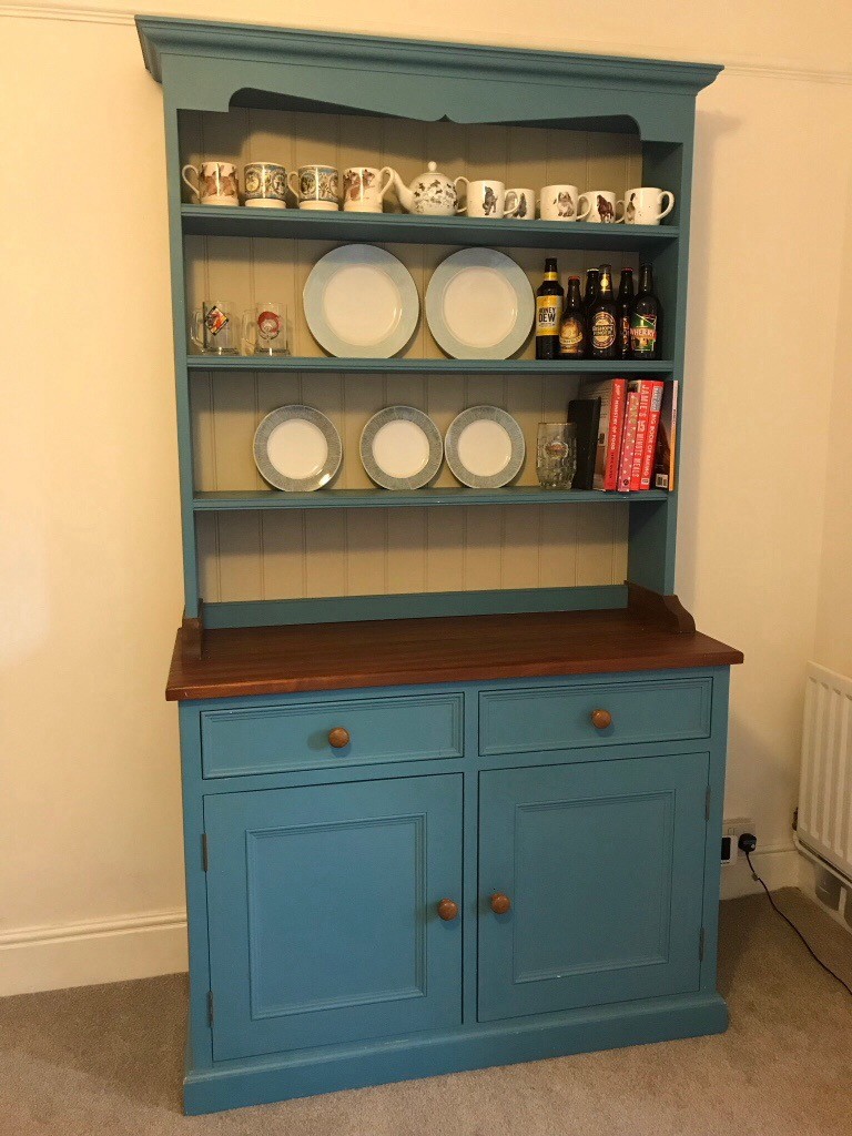 Welsh dresser in blue with dark hardwood top. Handmade in Norfolk in