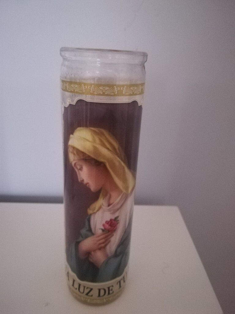 La Luz De Tu Fe Prayer to Maria Rosa Mistica Candle in Glass Religious