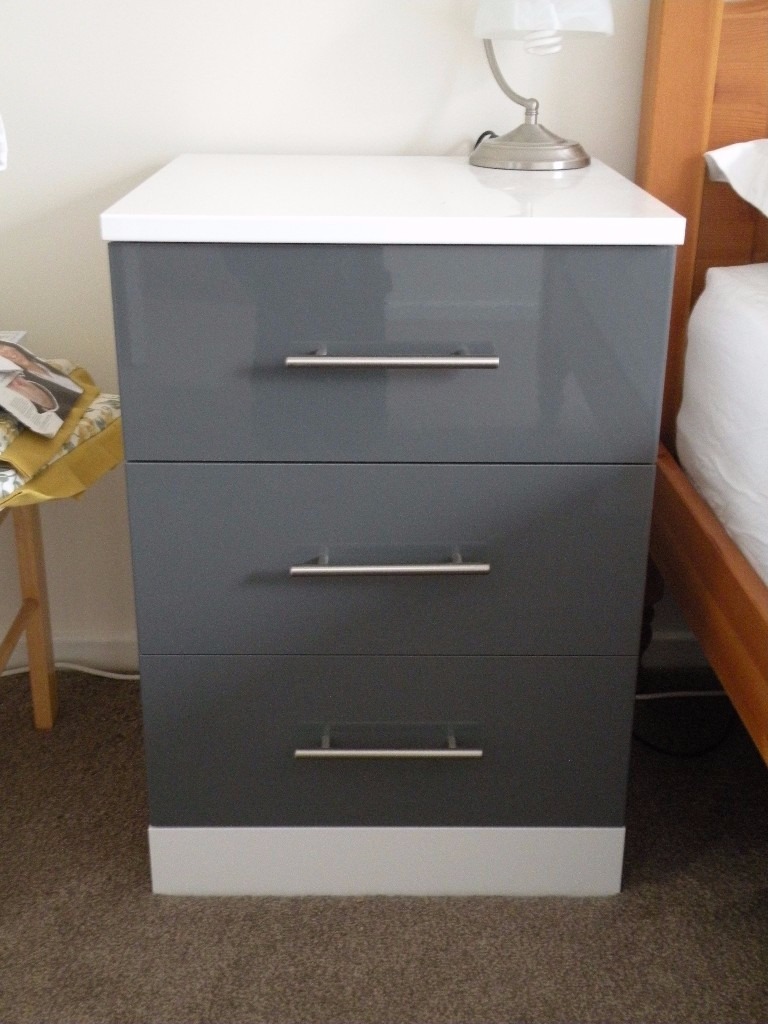 Pair of Bedside tables/chest of drawers Gloss Ivory with grey panels DELIVERY