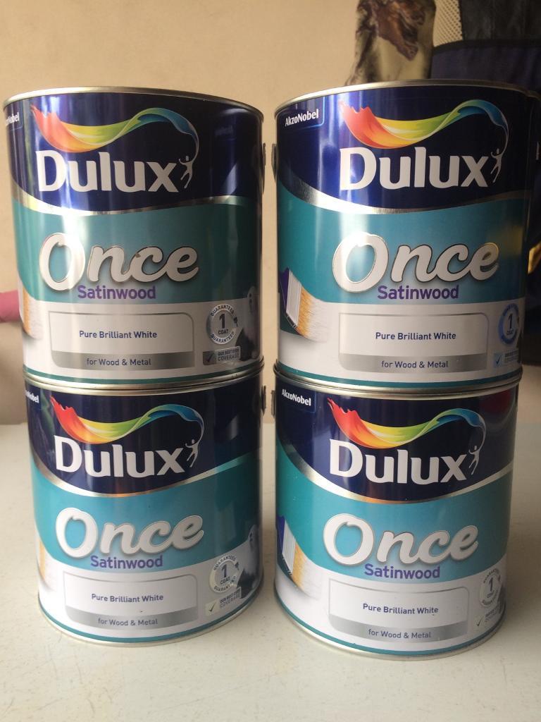 4 x tins 2.5l dulux once satinwood pure brilliant white for wood