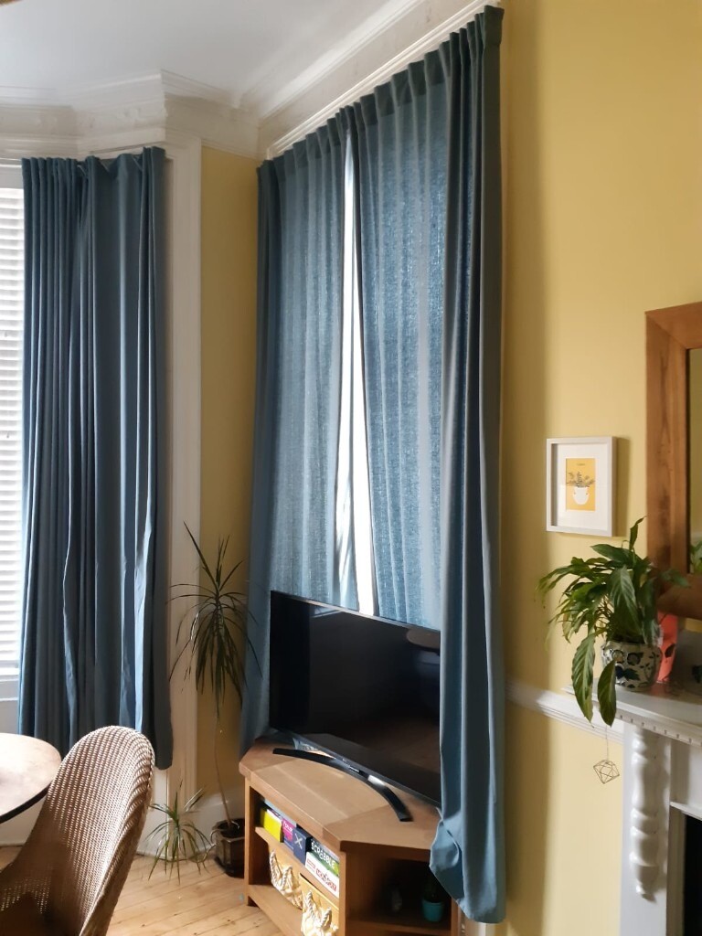 Blue herringbone curtains (IKEA TIBAST) in Glasgow City Centre