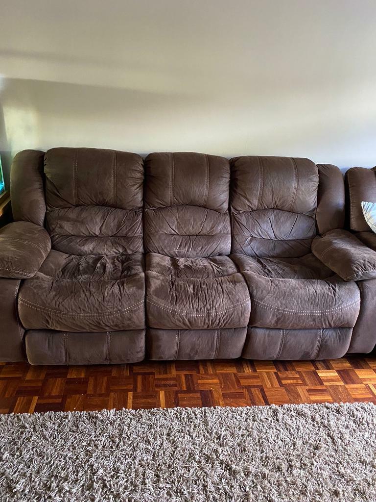 Reclining Suede Settee brown Leather 3 piece suite sofa in Bridgend