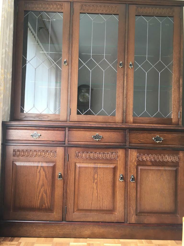 Dark Wood Newplan Display Cabinet With Leaded Light Glass Doors