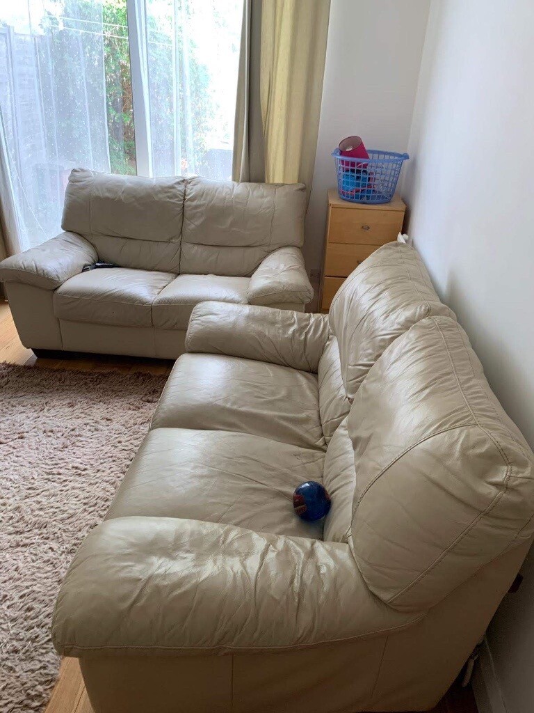 Two Leather Beige sofas in good condition in Luton, Bedfordshire