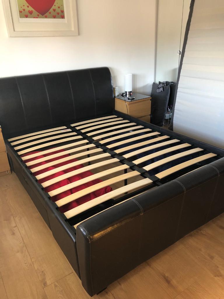 King Size leather lux bed frame only with two drawers Dark ...