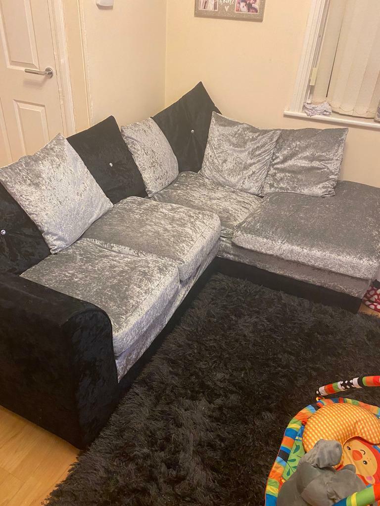 Crushed Velvet Corner Sofa Footstool Black Silver in Preston