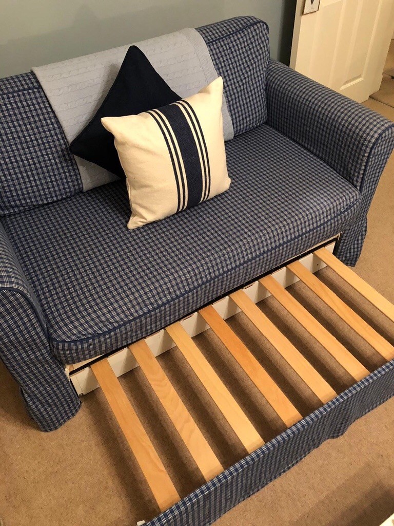 2 seater sofa bed, blue removable covers, perfect condition in
