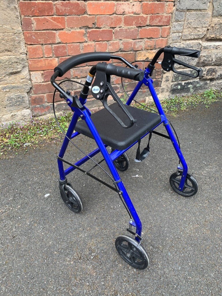 Blue 4 Wheel Walker With Seat Brakes & Basket Collapsible For Storage
