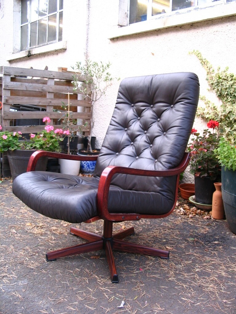 Scandinavian Danish Swedish style leather swivel lounge chair, bentwood