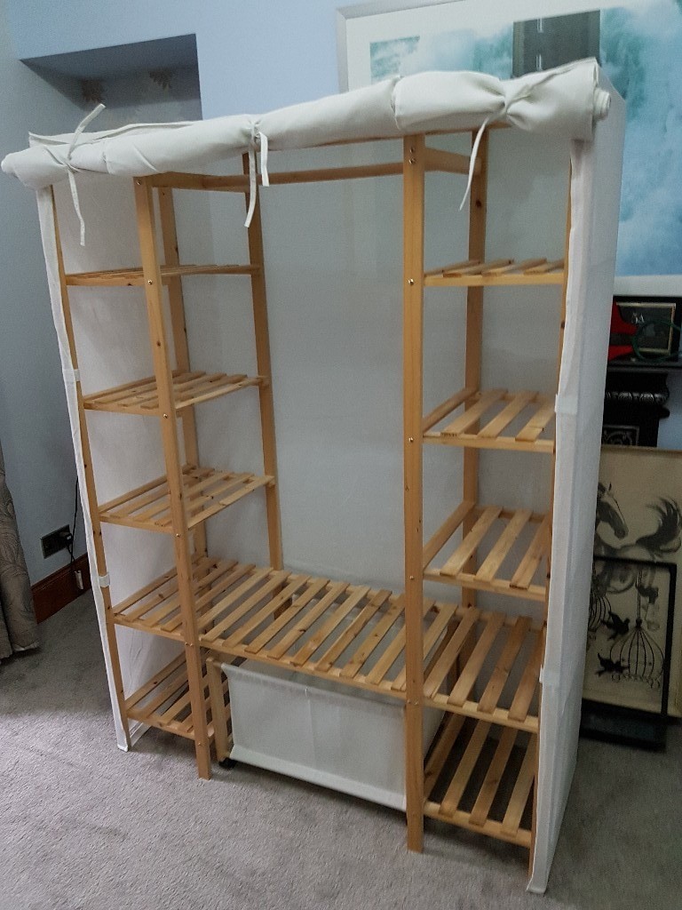 Canvas And Wood Triple Wardrobe With Drawer In Aberdeen