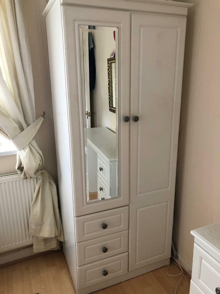 White Wooden Wardrobe With Drawers Mirror In Caerphilly
