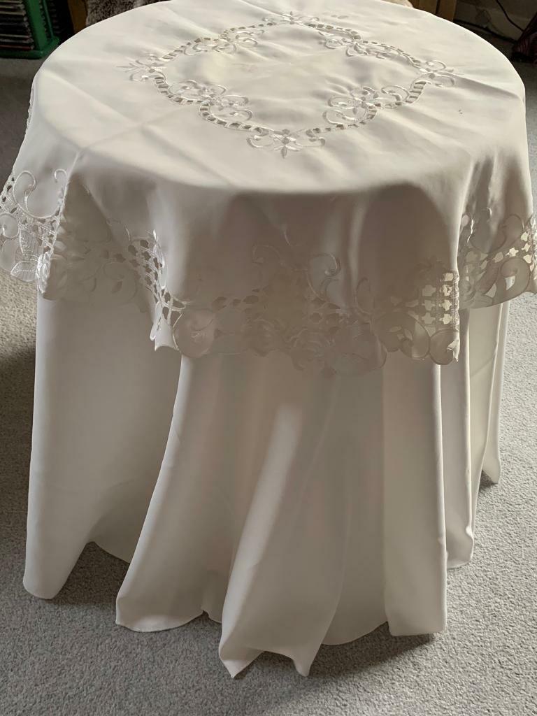 Circular table with cream table cloth in Crieff, Perth and Kinross