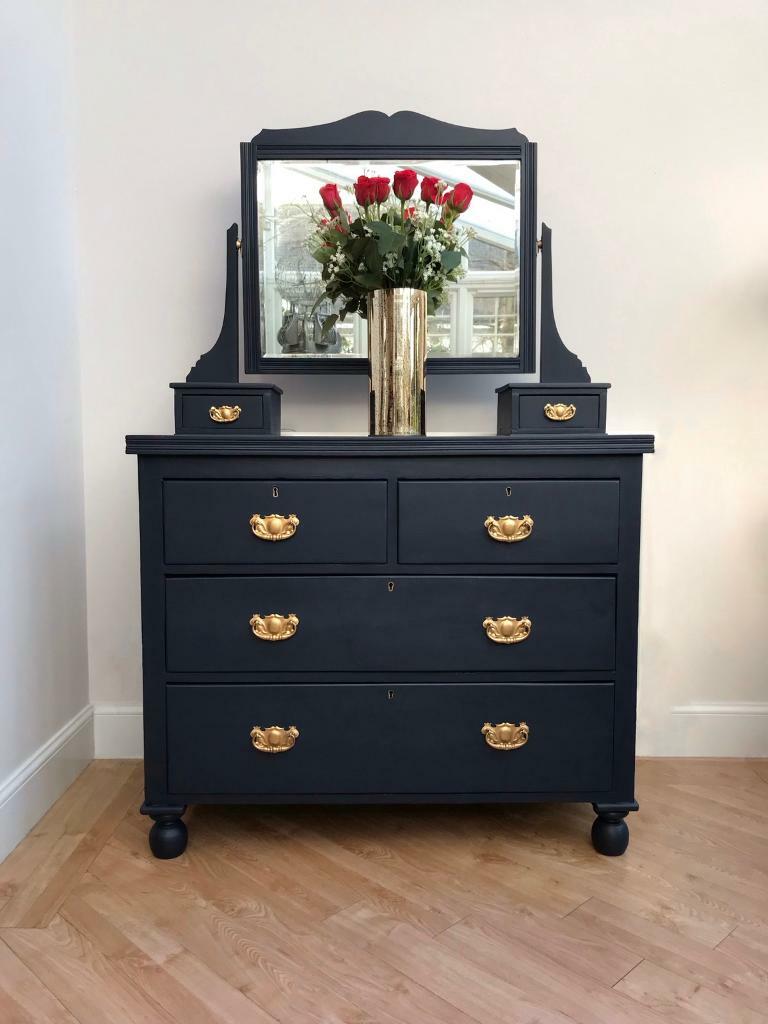 ANTIQUE NAVY HAND PAINTED CHEST OF DRAWERS / DRESSER WITH MIRROR in