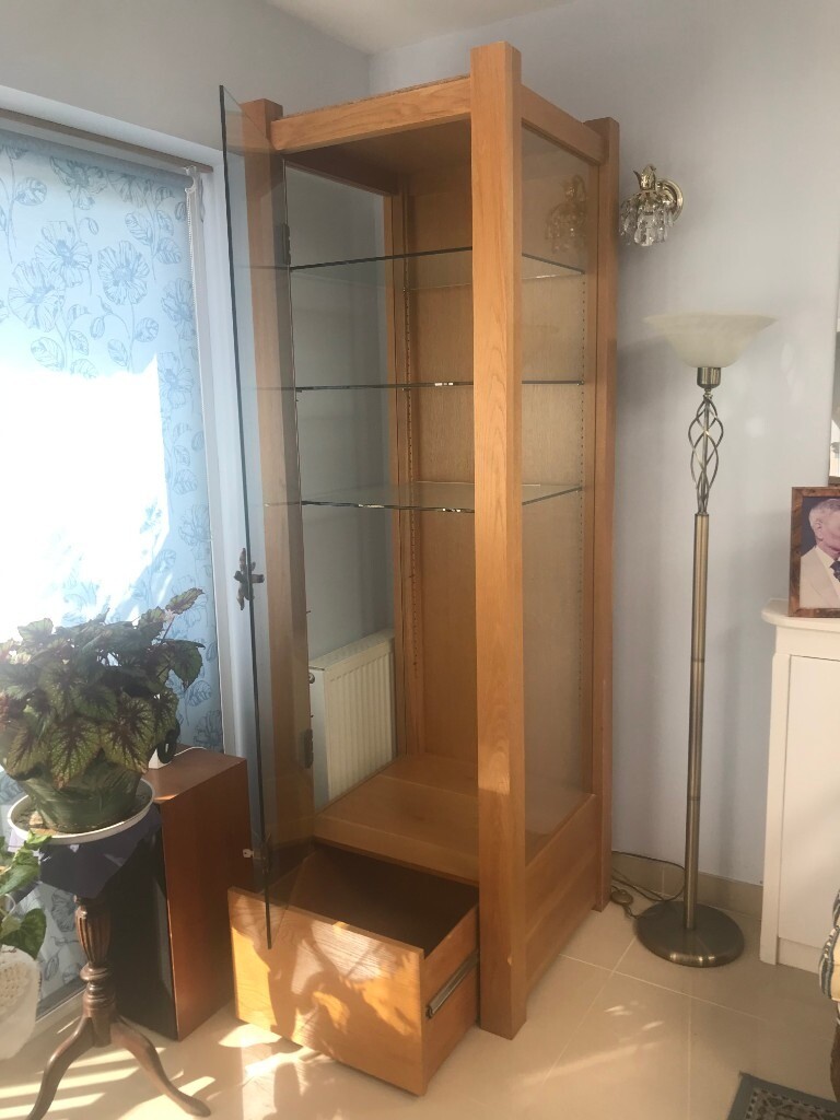 Two Solid Oak Display Glass shelving, Glass door. in