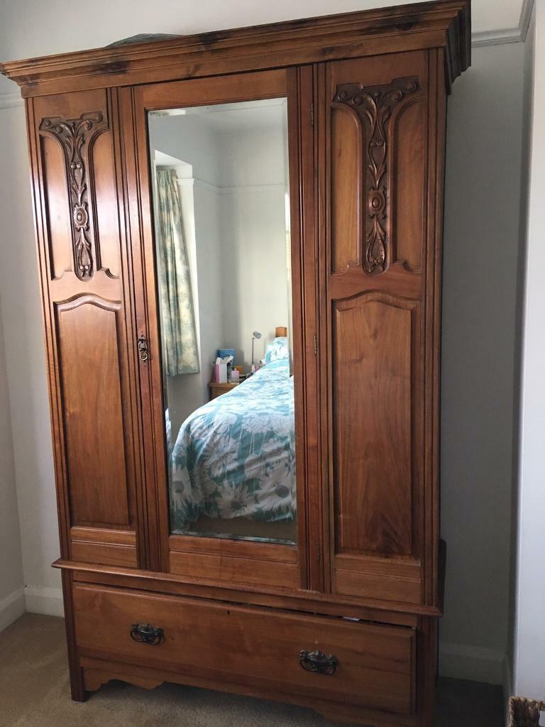 Antique satin wood wardrobe, mirror door, carved side ...