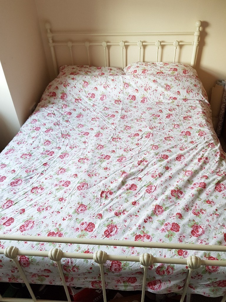 Cream metal double bed frame with wooden slats | in ...