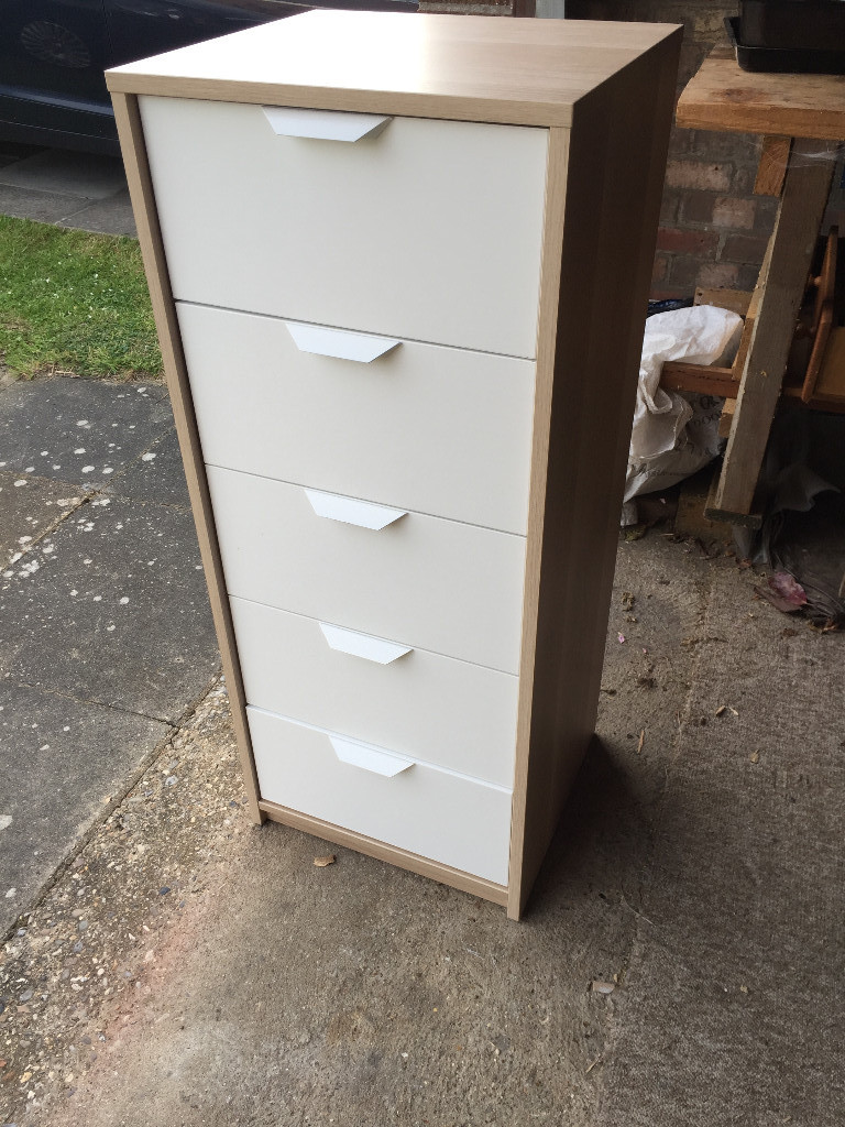IKEA Askvoll five drawer chest in white stained oak, white drawer