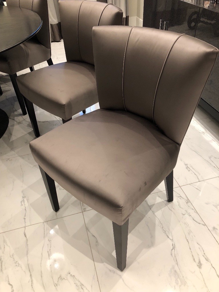 8 Beautiful Bespoke Dining chairs, luxurious grey/taupe satin with dark