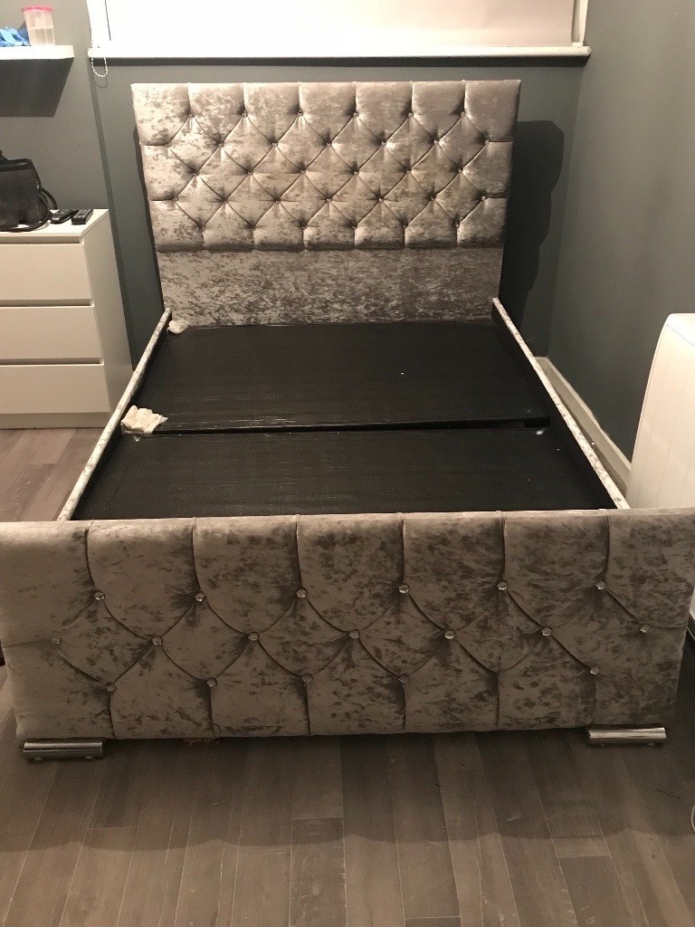 Silver Crushed Velvet Double Bed with Encrusted Headboard in Coventry