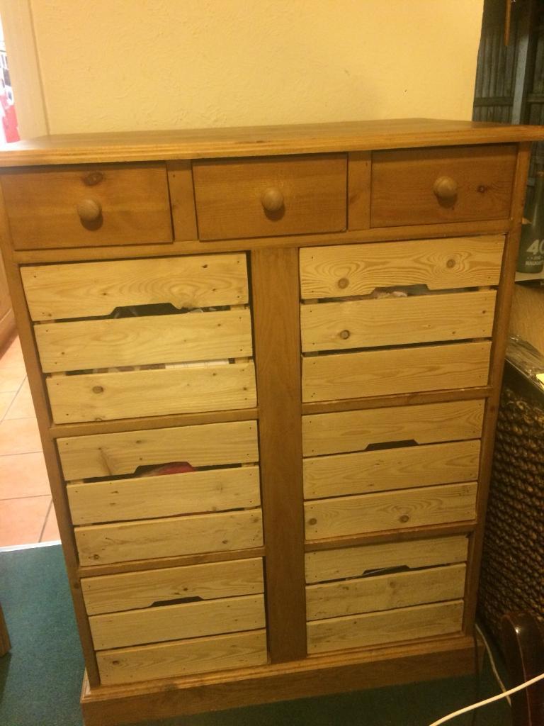 Solid pine bespoke storage unit with drawers and apple crate boxes in
