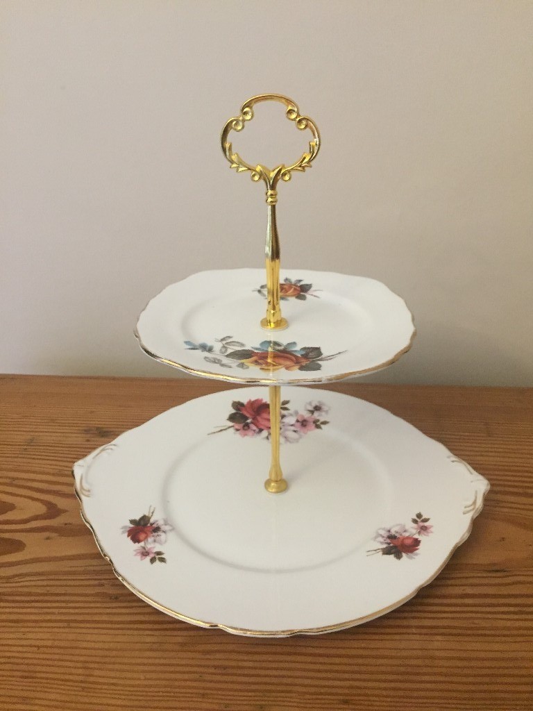 Pink Floral Vintage Two Tier Cake Stand Antique Bone China Cake Stand