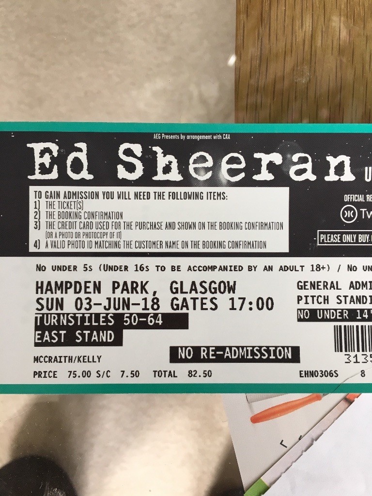 2 x Ed Sheeran Tickets (Standing) for Sale - Glasgow ...