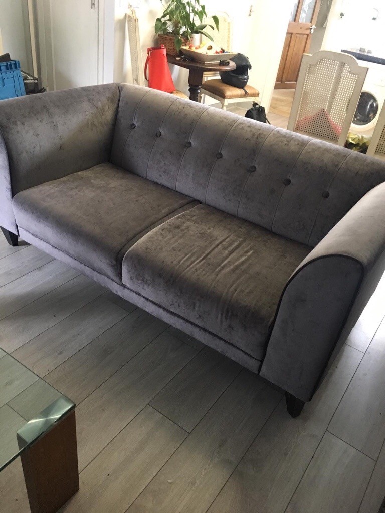 Fashionable silver crushed velvet 2 seater sofa in Queens Park