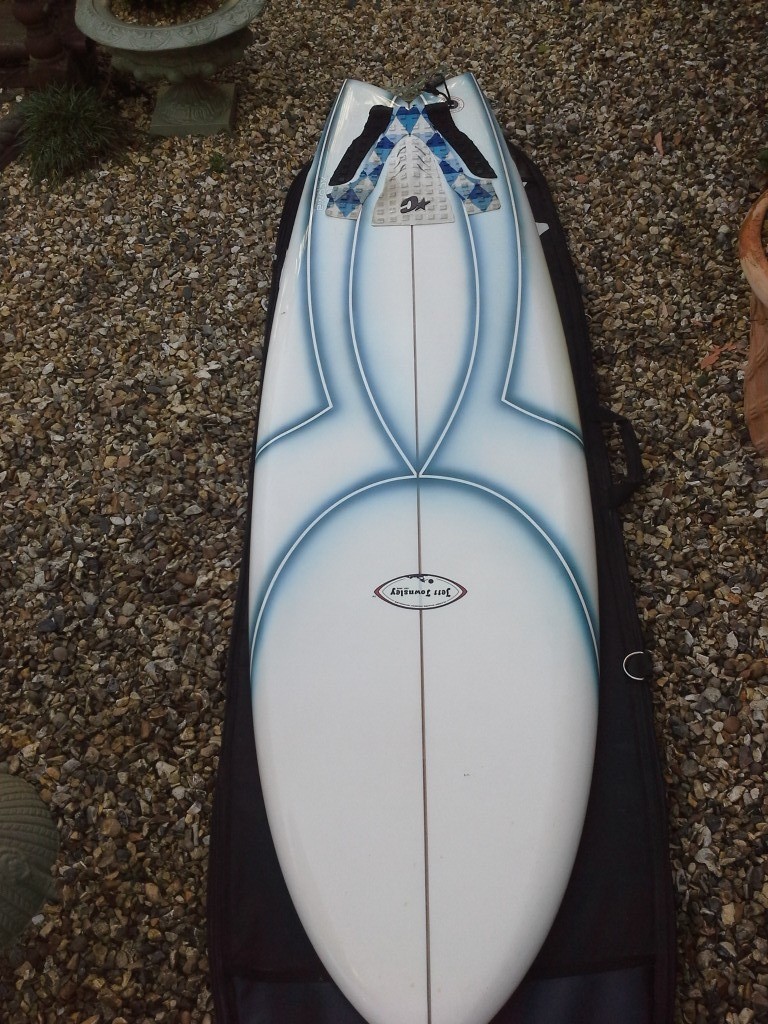 Jeff Townsley quad fin surfboard and bag in Barry, Vale of