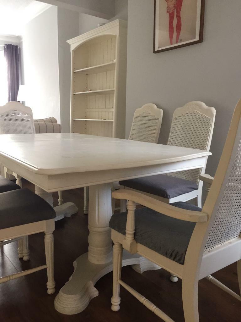 Shabby chic dining room table and six chairs Annie Sloane antique white