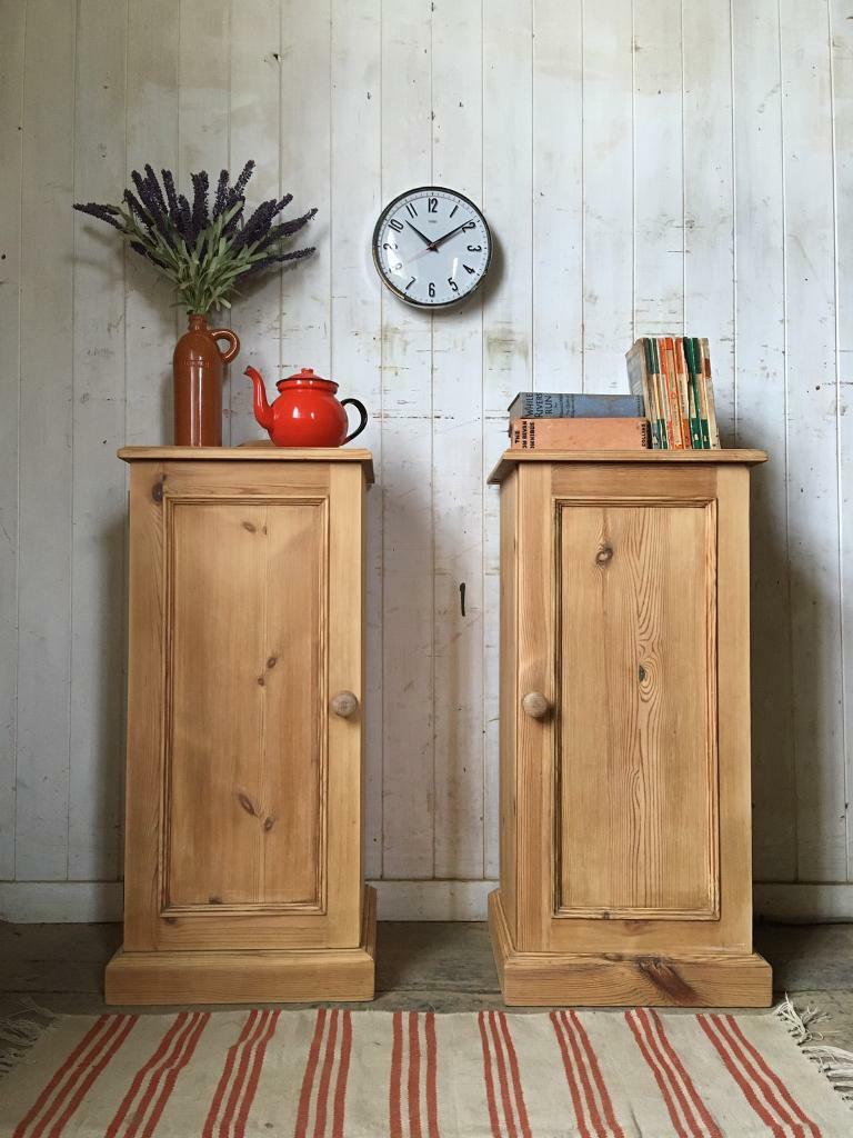Vintage pair solid waxed pine bedside tables / pot cupboards
