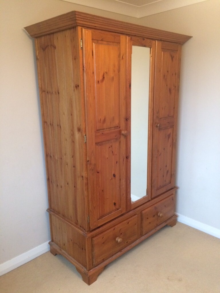 Solid Pine Double Door Wardrobe with Mirror and 2 Drawers in Wetherby
