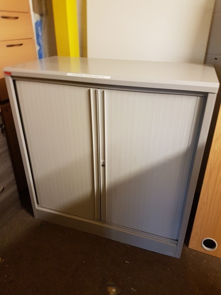 Lockable Grey metal tambour door office with Key . Metal garage