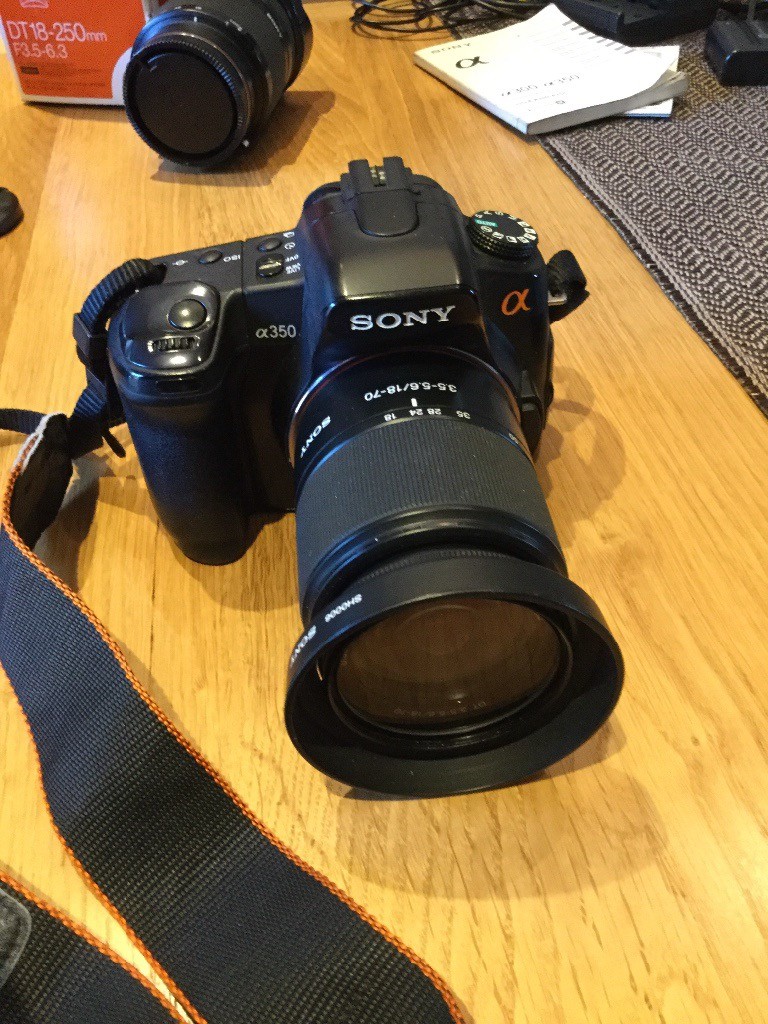 Sony A350 with 18-70mm lens, plus Sony 18-250 zoom lens and