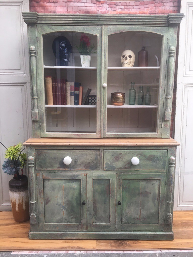 Welsh dresser PAINTED & DISTRESSED GREEN GLASS DOORS in Clapham