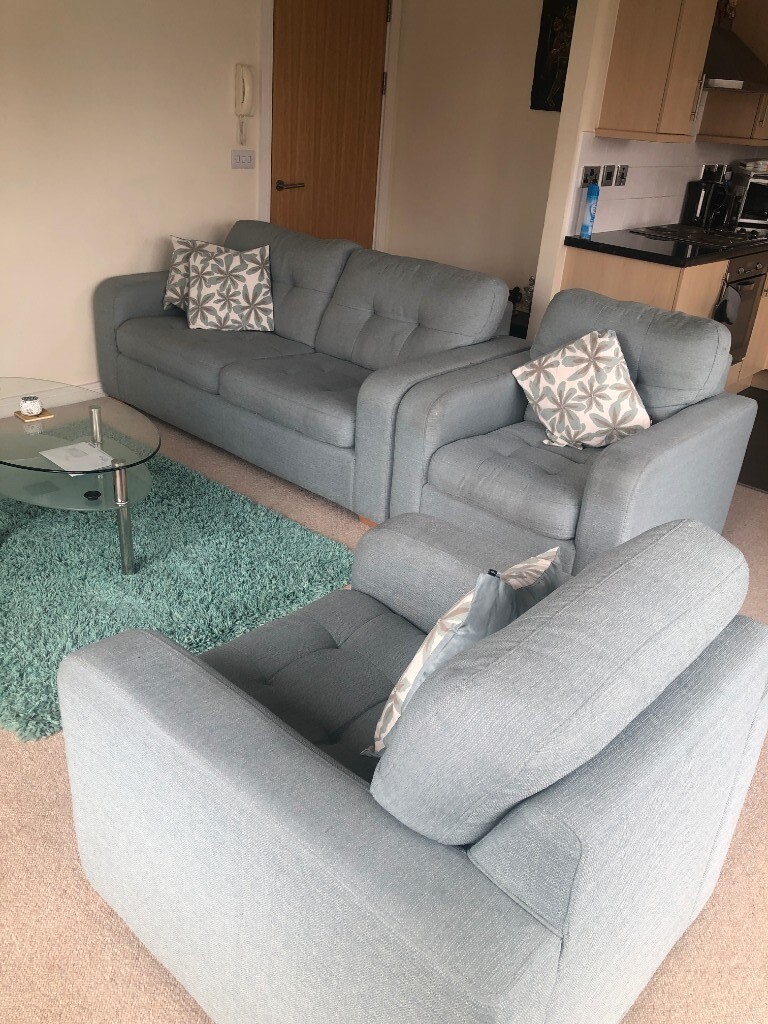 Two Tone Blue Grey Sofas Matching Rug Cushions Cleaning Kit