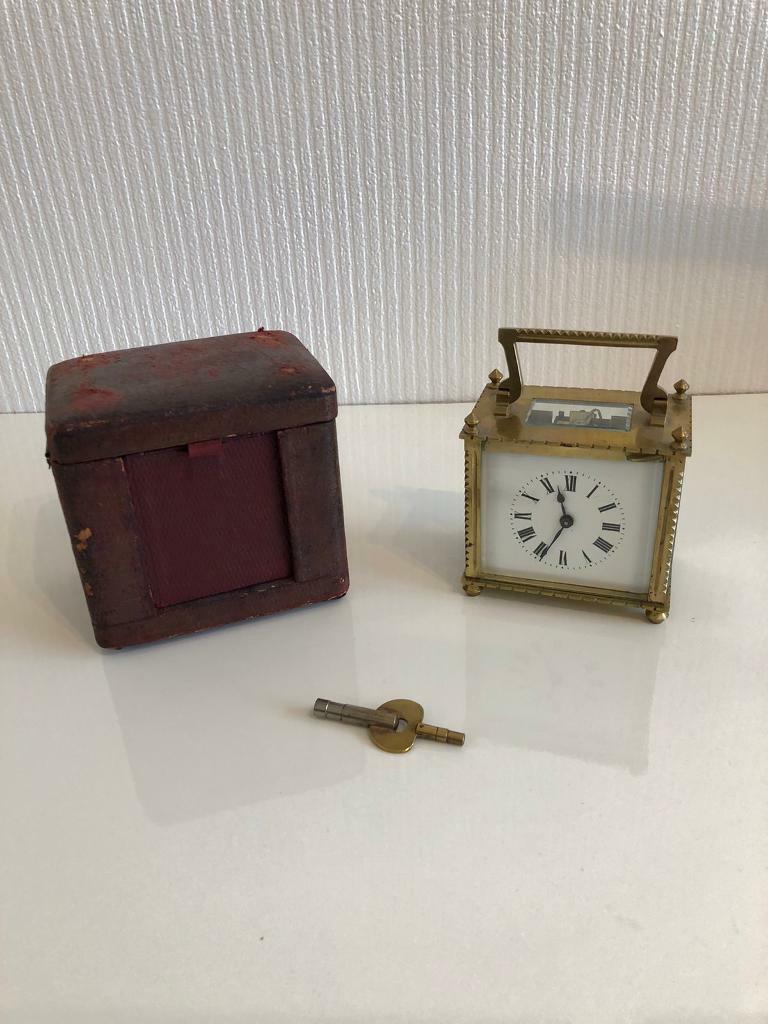 Antique Brass Carriage Clock in Leather Travelling Case in Menston