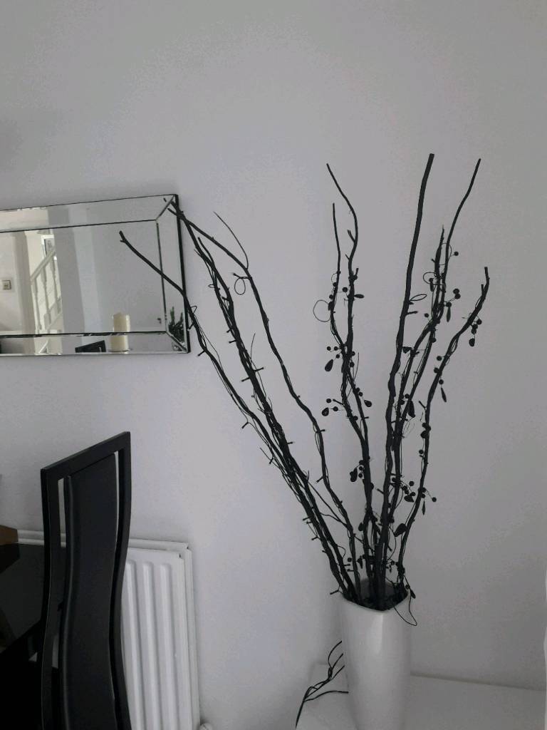 White Glazed large Vase and light up Black Twigs with crystals in