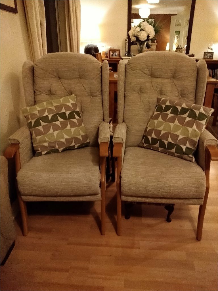 Fireside armchairs, mint condition upright fireside chairs, soft