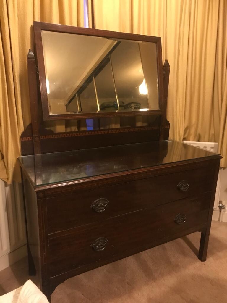 Stunning Antique Dark Wood Ladies Mirrored Dressing Table Vintage
