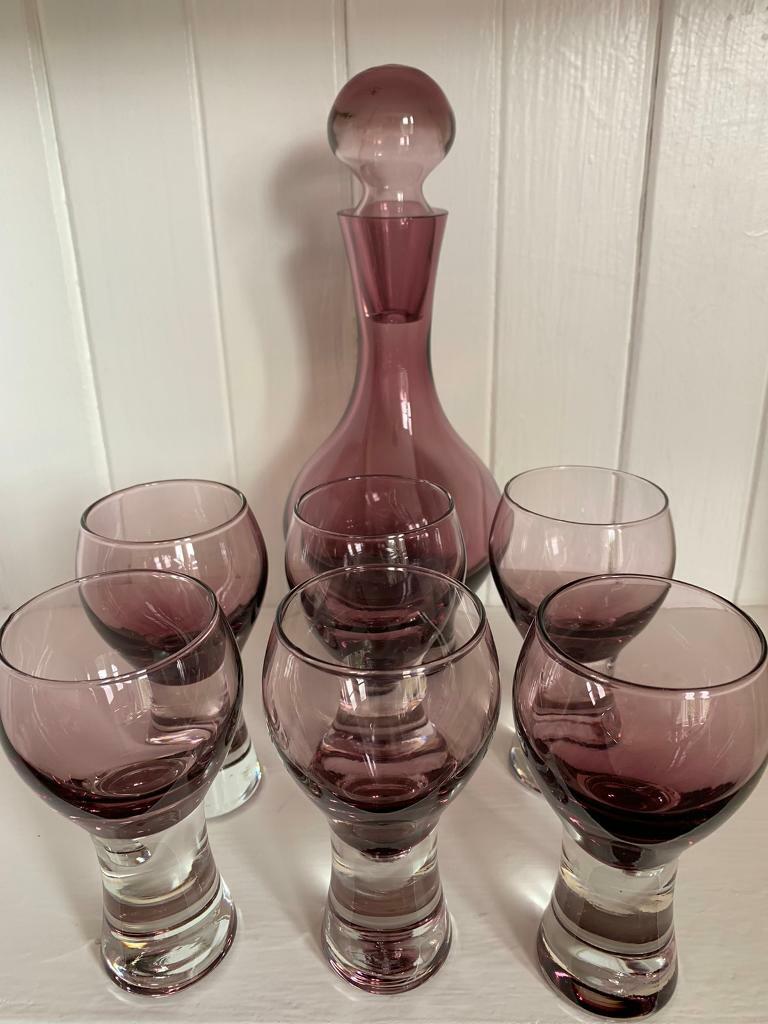 Caithness Glass; 6 Canisbay Glasses and Decanter; Purple Heather colour