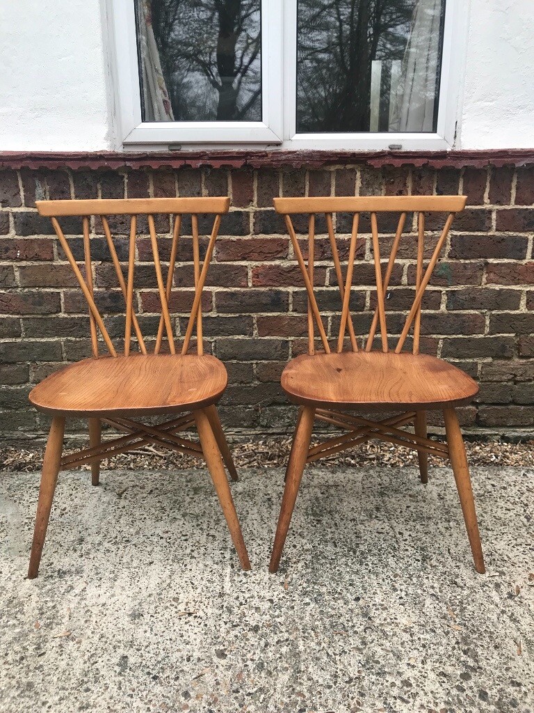 TWO ERCOL LATTICE BACK CANDLESTICK WOODEN DINING KITCHEN CHAIRS RETRO