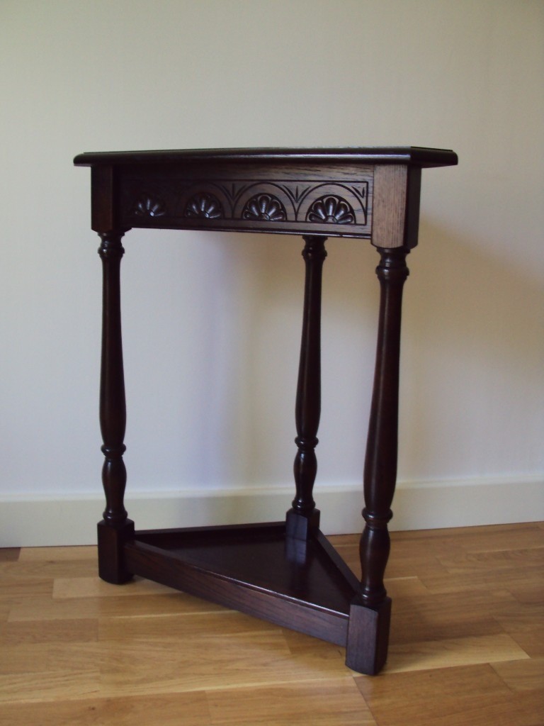 Vintage dark oak carved corner/hall/telephone table made by Jaycee in Arnold, Nottinghamshire