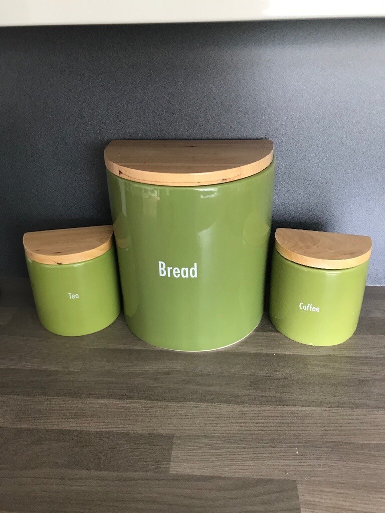 Green Dunelm Bread bin and matching tea and coffee canisters in Hull